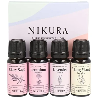 Image of Nikura Floral Essential Oil Gift Set 4 x 10ml Perfect for Gifts, Aromatherapy, Diffusers Home 100% Pure and Natural Oils Including Clary Sage, Geranium, Lavender &amp; Ylang