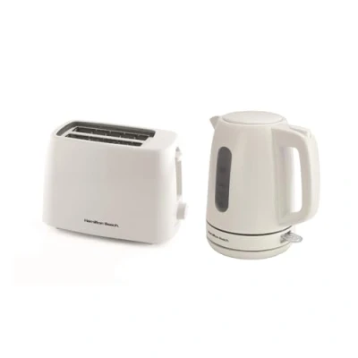 Image of Hamilton Beach Kettle and Toaster Set, Electric Kettle, 1L, 2 Slice, Plastic, Compact, Boil Dry Protection, Fast Boil, Space Saving, 6 Browning Levels, Cancel Function, White HB30381116WST