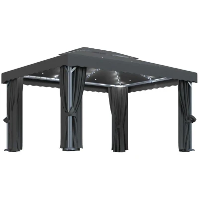 Image of vidaXL Gazebo with Curtain&amp;LED String Lights 4x3 m Anthracite