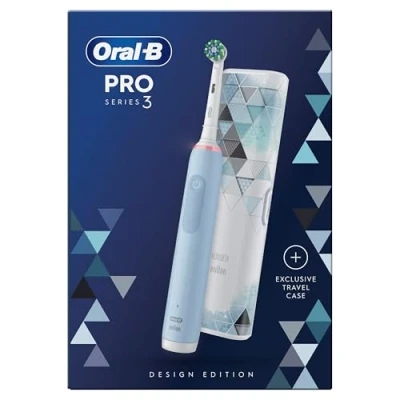 Image of Oral B Pro Series 3 Blue Electric Toothbrush, 1 Toothbrush Head, Travel Case, Designed by Braun