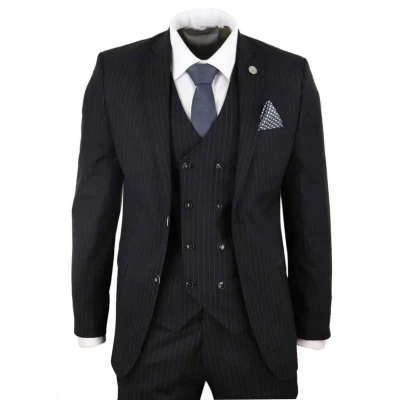 Image of Mens 3 Piece Black Suit Gatsby 1920s Blinders Gangster Pinstripe Tailored Fit 36/30W