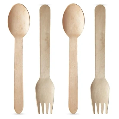 Image of Chef Royale Combo Pack of 100 Wooden Spoons and Forks Biodegradable Compostable &amp; Eco Friendly Disposable Cutlery Set for Events (100 Spoons, Forks)