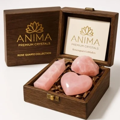 Image of Premium Rose Quartz Crystal Set Tower, Heart, and Raw Large Crystals Gemstones in Wooden Box Ideal Spiritual Gifts for Women Love, Healing, Emotional Balance
