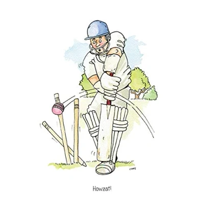 Image of Farm Cottage Brands A5 Cricket Greeting card ‘Howzat!&#039; for thank you&#039;s, invitations, birthdays etc. Blank inside your own message and supplied cellophane wrapped with an envelope (AC66)