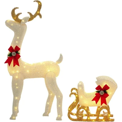 Image of Outsunny Light Up Reindeer &amp; Sleigh Christmas Decoration w/ 170 LED Lights