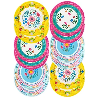 Image of Talking Tables 12 Pack Boho Colourful Floral Paper Plates Disposable Tableware for Hawaiian Theme, Summer Picnic, BBQ or Kids Birthday Encanto Party, 23cm, Yellow. Pink, Blue