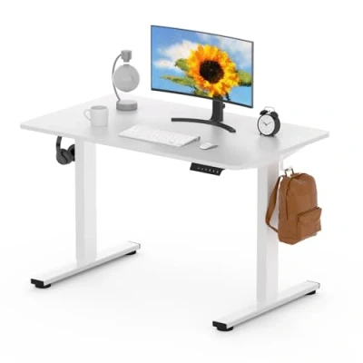 Image of FLEXISPOT ONE PIECE Electric Standing Desk Height Adjustable Sit Stand with 4 Memory Smart Pannel and Backpack Hook for Home Office, 100 x 60cm White