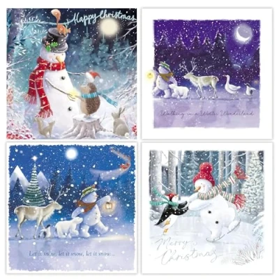 Image of GBCC Charity Christmas Cards Pack of 20 with Snowman and Animals Snowy Scenes Eco Friendly Xmas Multipack Envelopes
