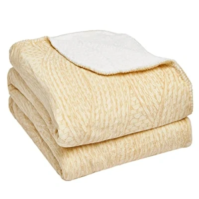 Image of Dreamscene Chunky Knit Print Sherpa Fleece Blanket Plush Flannel Throw Over for Sofa Bed Couch, Cream Ivory 150 x 180cm