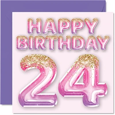 Image of 24th Birthday Card for Women Pink &amp; Purple Glitter Balloons Happy Cards 24 Year Old Woman Daughter Sister Auntie Cousin, 145mm x Twenty Four Fourth Greeting Gift