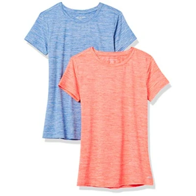 Image of Amazon Essentials Women&#039;s Tech Stretch Short Sleeved Crew Neck T Shirt (Available in Plus Size), Pack of 2, Coral Orange Space Dye/Light Blue Dye, XS