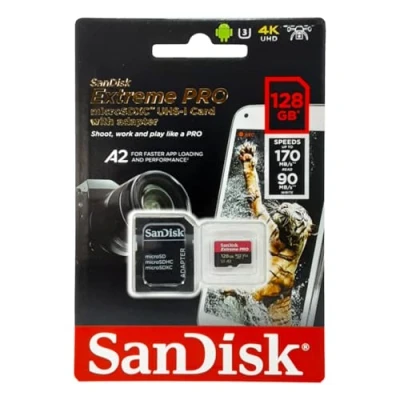 Image of SanDisk Extreme Pro 128GB microSDXC Memory Card + SD Adapter with A2 App Performance Rescue Deluxe 170MB/s Class 10, UHS I, U3, V30