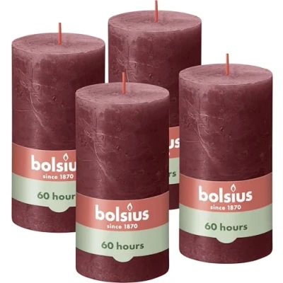 Image of BOLSIUS Rustic Pillar Candle, Dark Red, 13 x 7 cm (Pack 4)
