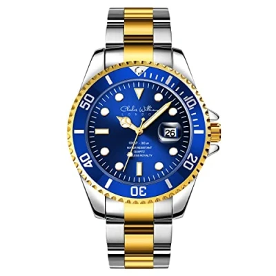 Image of Charles William Mens Homage Quartz Watch Blue Two Tone Gold and Silver Magnified Date Display Stainless Steel Strap Watches for Men
