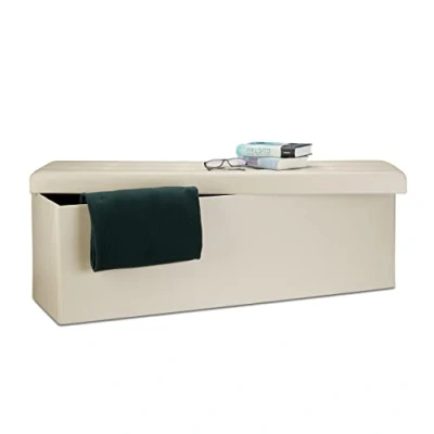 Image of Relaxdays Folding Storage Ottoman XL, 38 x 114 cm Sturdy Seat with Bench, Faux Leather, Removable Lid, Cream