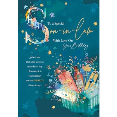 Image of Words &#039;n&#039; Wishes Special Son In Law Birthday Card Happy for Men with Artistic Present Hamper Design an Embossed Foil Finish