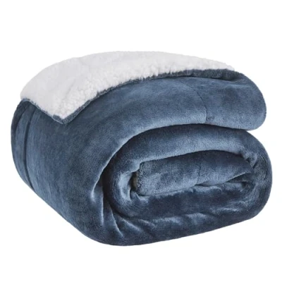 Image of Bedsure Sherpa Fleece Throw Blanket Fluffy Microfiber Solid Blankets for Bed and Couch Double/Twin Size, Slate Blue, 150x200cm