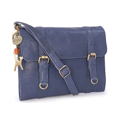Image of Catwalk Collection Handbags Women&#039;s Small Leather Cross Body Bag Messenger Adjustable Shoulder Strap AMY Blue