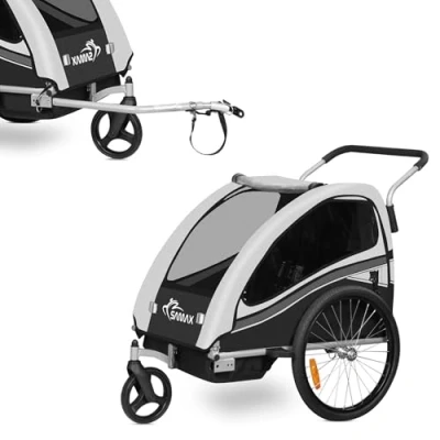 Image of SAMAX Children Bike Trailer 2in1 Kids Jogger Stroller with Suspension 360 rotatable Childs Bicycle Transport Buggy Carrier for 2 in Grey Black Edition