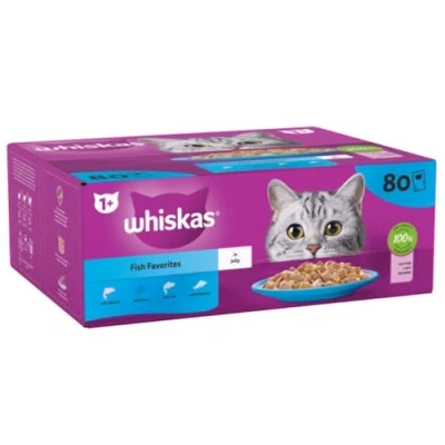 Image of whiskas 1+ Fish Favourites Adult Wet Cat Food Pouches in Jelly 80 x 85g (1+ Favourites)