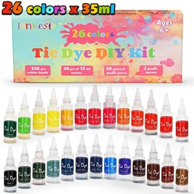 Image of lenbest Tie Dye Kit, 26 Colors Art Fabric Textile Paints Vibrant Fashion DIY Paint with 120Pcs Rubber Bands and 10 Pairs Gloves, Spray Clothes Arts &amp; Crafts Set for Kids Adults