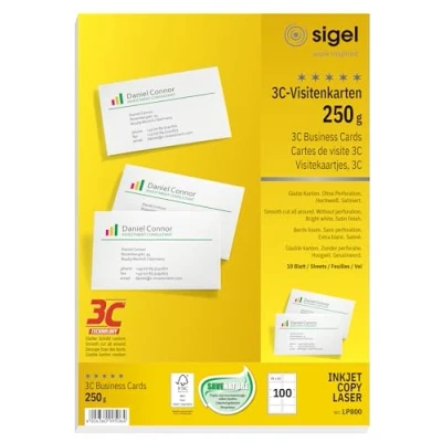 Image of SIGEL LP800, 85x55 mm (A4), Business Cards, 3C, smooth cut all around, 250 gsm, printable, bright White, 100 Piecesequal to10 sheets