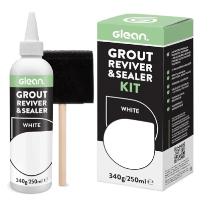 Image of GLEAN Grout Reviver &amp; Sealer WHITE 340g Restore, Repair, Renew Tile Includes Foam Brush Stain Resistant, Breathable Bathroom, Shower Kitchen