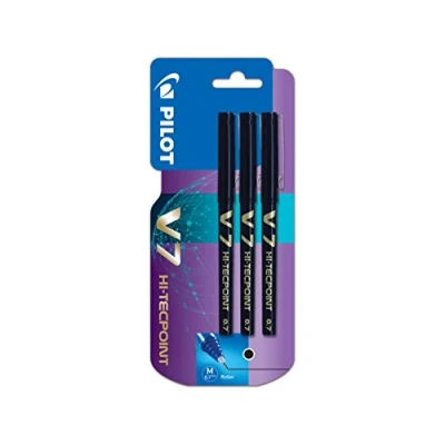 Image of Pilot V7 Hi Tecpoint Rollerball Pen, 0.7 mm Tip Black, Pack of 3