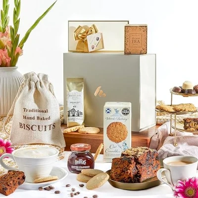 Image of Luxury Scottish Hamper Indulgent Chocolates, Dundee Cake, Biscuits, Artisan Tea &amp; Coffee Christmas Hampers, or Special Birthday By Clearwater Hampers Experts in Gourmet Gifts