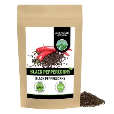 Image of black pepper whole (250g, 8.8oz), peppercorns 100% natural, of course without additives, vegan,