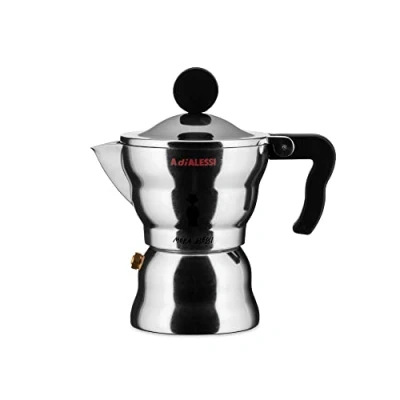 Image of Alessi AAM33 / 1 Design Espresso Coffee Maker, Aluminum Body, Handle and Knob in Thermoplastic Resin, Cup, Black