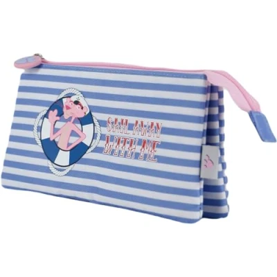 Image of DOHE School Pencil Case 3 Compartments Zipper Closure, Official License, Durable Polyester, 23x12x2.5 cm, Supplies Pink Panther Sailing