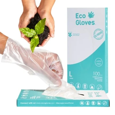 Image of Eco Gloves Plant Based Compostable friendly Latex Free, Powder BPA Free for Food, Safety, Cleaning, Pet Care Pack of 100 Clear (Medium)