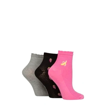 Image of Elle Ladies Bamboo Anklet Socks With Frill Welt Cuff, Embroidered Motifs, Textured Weaves,Ribbed in Soft Breathable Cooling Material Multipack of 3 Pairs Size 4 8 Pink Fruits