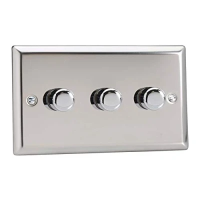 Image of Varilight JCDP303 Classic V Pro Mirror Chrome 3 Gang Trailing Edge LED Dimmer Switch 1 or 2 Way,91x150x47mm