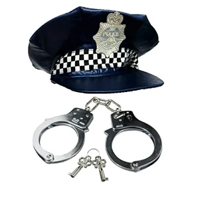 Image of STYLEX PARTY Dark Blue Checker Police UK Hat &amp; Hand Cuffs Fancy Dress Cops and Robbers
