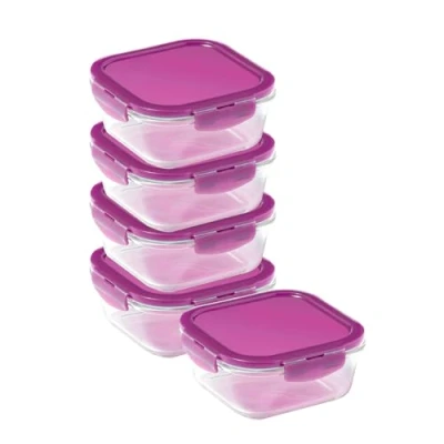Image of LocknLock Eco Ovenglass Glass Food Containers with Lids Set of 5 Airtight, Leakproof Square Storage Recycled Plastic Lids, Oven Safe, Dishwasher x 750ml