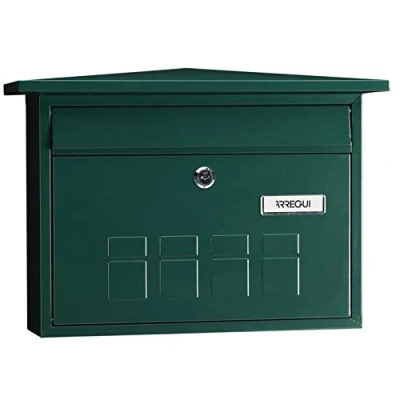Image of ARREGUI Deco E5703 Galvanised Steel Letter Box, Size M (DIN A4 Post), Horizontal Wall Post Box for Outdoor Use, with Name Plate and Flap, Green