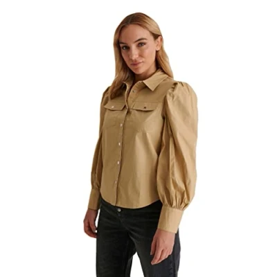 Image of NA KD Women&#039;s Puff Sleeve Shirt, Khaki, 14 UK