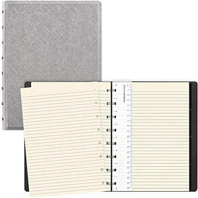 Image of Filofax B115076U Refillable Saffiano Metallic Notebook, A5 Size, 112 Cream colored moveable pages. Includes 4 Indexes (one with pocket) and page marker, Silver