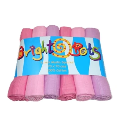 Image of Bright Bots Baby Muslin Squares Burp Cloths Absorbent and Breathable Pure Soft 100% Cotton 6 Pack 70cms (Pink Combo)