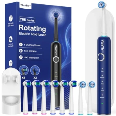Image of Rotating Electric Toothbrush with 8 Brush Heads for Adults and Kids, 60 Day Battery Life, Wireless Wall Charging Station, 5 Modes Sonic Travel Case