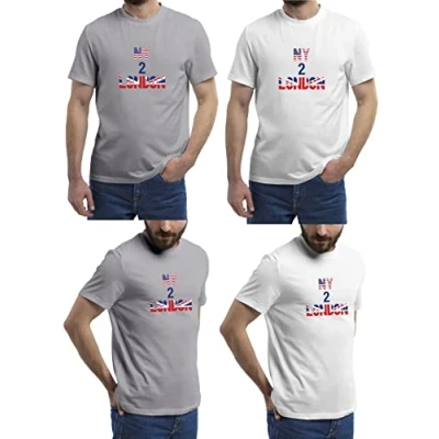 Image of (2 Pack) Mens T Shirt with Stylish Print Casual Short Sleeve Premium Soft Medium Weight Multipack Ideal for Everyday Wear Fast Drying Essential Crew Neck Noos (London (Grey &amp; White), XL)