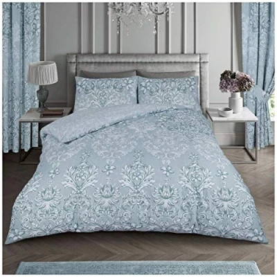 Image of Premium Jacquard Damask Duvet Cover Single, Reversible Polycotton Bedding Sets, Flower Bed Duck Egg