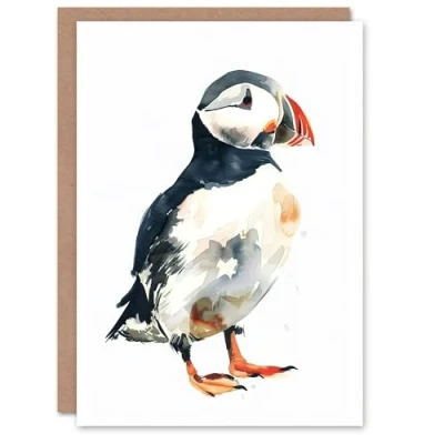 Image of Artery8 Greeting Card Single Cute Puffin Bird Watercolour Portrait Blank For All Him Or Her Art Birthday