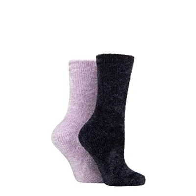 Image of Elle Ladies Chenille Leisure Socks Pack of 2 Mauve/Charcoal 4 8