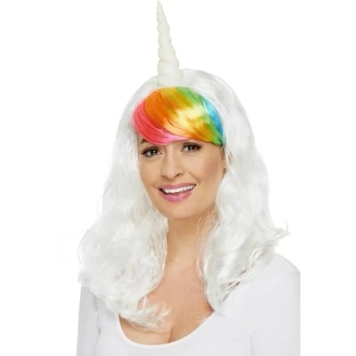 Image of Smiffys Ladies Unicorn Wig with Rainbow Fringe, Fairytale, Wings and Wands Fancy Dress, Dress Up Wigs