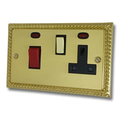 Image of G&amp;H Brassware MB329 45A Georgian Polished Brass Cooker Switch with 13A Switched Socket Red and Metal Rockers Black Inserts