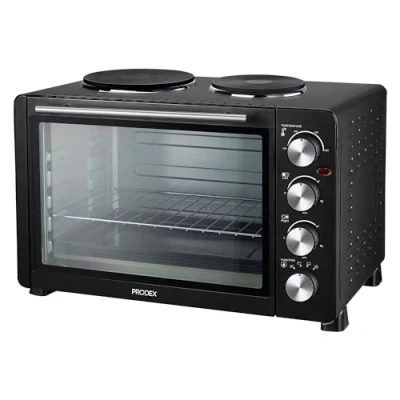 Image of Prodex PX7145B Electric Mini Oven with Grill and Double Hotplate Hob, 45 Litre, Ideal for Roasting, Baking, Grilling Reheating Aluminium Baking Tray, Black