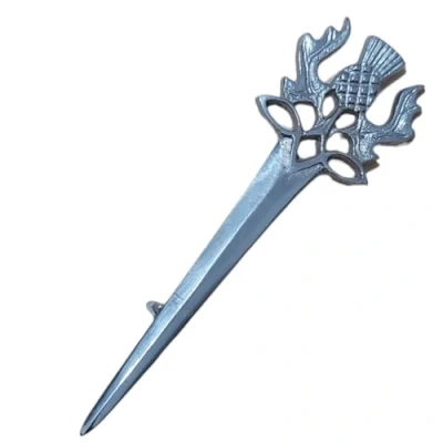 Image of Scottish Kilt Pin, Highland Thistle Sword Pin for Kilts, Chrome Finish, Rust Proof